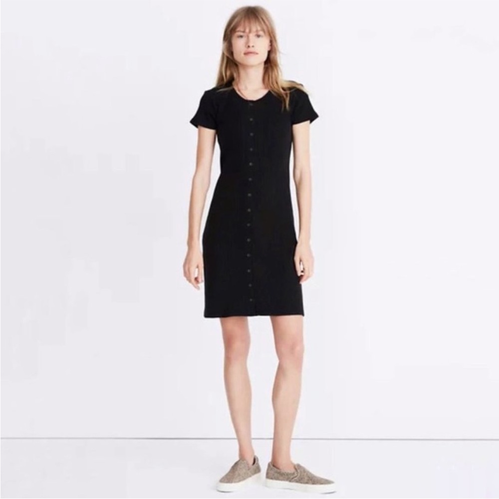 Madewell Black Button-Front Ribbed Mini Dress